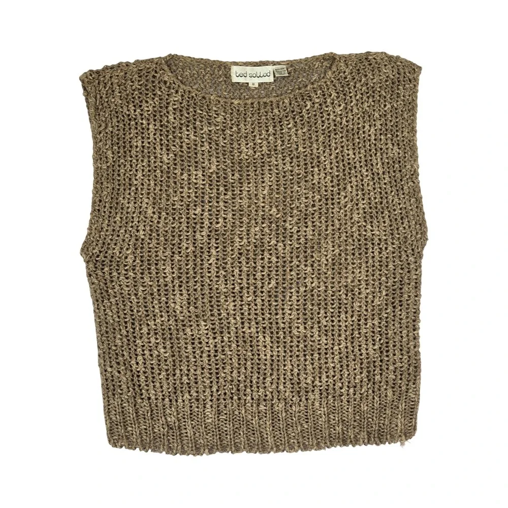 VTG 70s Ted Sollod Tan Linen Cotton Open Knit Sleeveless Sweater Vest Top S Boho